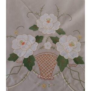 Vintage Tablecloth 12 Napkins Applique Flower Basket Embroidery Oval Banquet